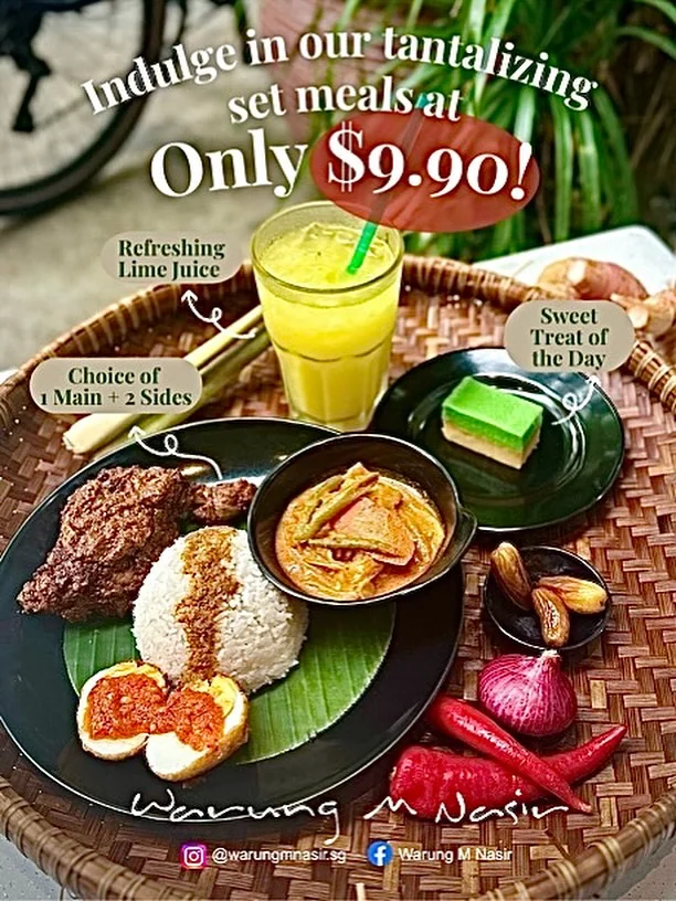$9.90 set meal — main, two sides, lime juice and a sweet treat